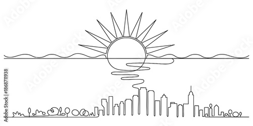 Continuous line drawing of a city skyline at sunrise or sunset over the water Vector, illustration