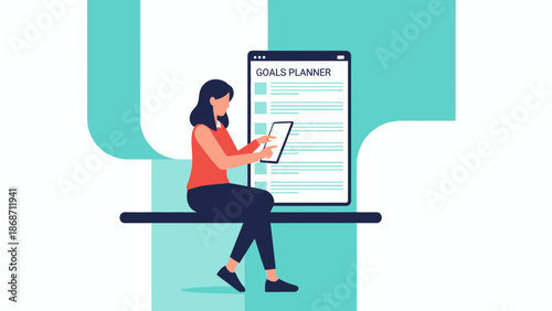 Woman planning goals on tablet, digital checklist, business strategy, productivity concept.