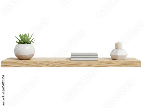 Wooden shelf with decorative items isolated on transparent background