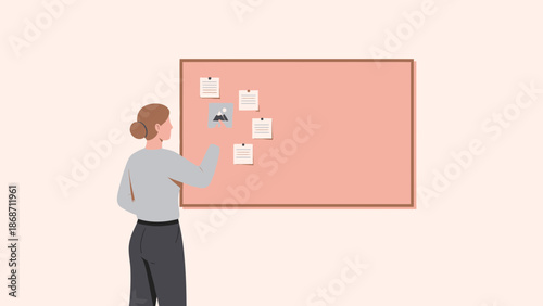 Woman Planning Ideas on a Pink Bulletin Board, Brainstorming Concepts