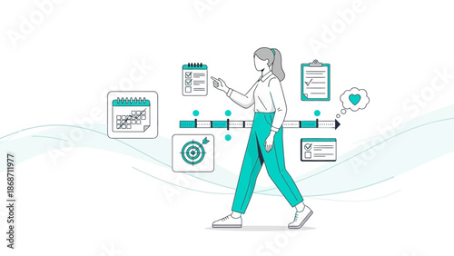 Woman Planning Life Goals and Schedule with Timeline, Calendar, and Checklist