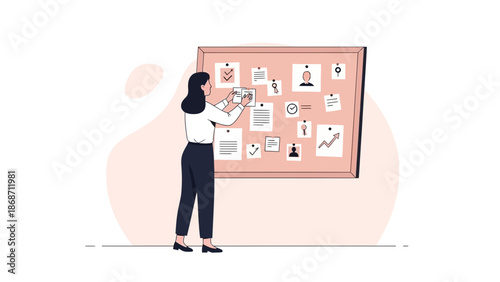 Woman Planning on a Bulletin Board with Notes, Tasks, and Charts