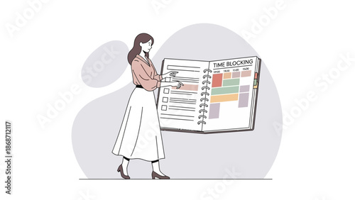 Woman planning time blocking with schedule, task list and calendar