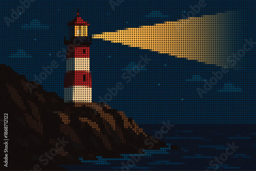 Lighthouse on Rocky Cliff with Sweeping Light Beam Halftone Decorative Illustration