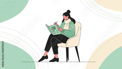 Woman Planning Vision Board in Cozy Chair, Goal Setting, Creative Illustration