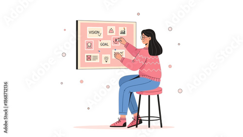 Woman Planning Vision and Goals on Bulletin Board, Business Strategy Concept