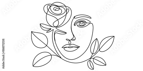 Continuous line art drawing of a woman's face intertwined with a single rose Vector, illustration