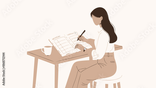 Woman planning week in planner, writing notes, coffee cup and watch on desk, illustration