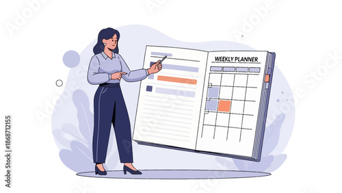 Woman planning weekly schedule in planner book, time management concept