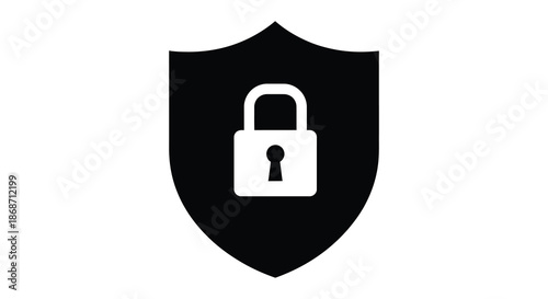 A striking black shield design prominently features a central white padlock a powerful security silhouette