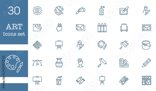 Set of creative art and design line icons on black background. Minimal outline symbols for drawing painting illustration graphic tools education and creative projects. Vector illustration