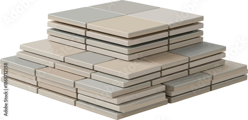 Stack of square ceramic tiles in neutral colors ready for construction or renovation projects isolated on white background