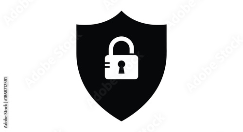 A striking black shield icon with a white open padlock design a security representation silhouette