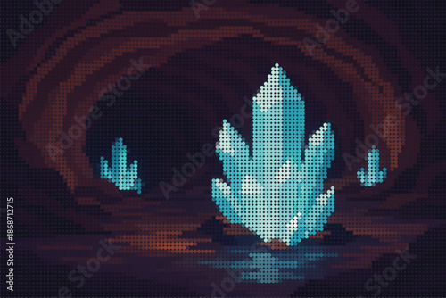 Cave Interior with Glowing Crystals and Rock Layers Halftone Decorative Illustration