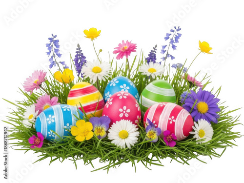 Colorful easter eggs and flowers arrangement isolated on transparent background