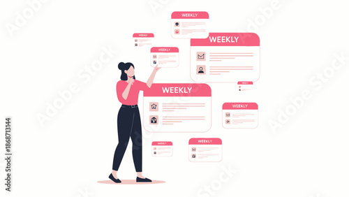 Woman Organizing Weekly Tasks and Goals with Digital Planner Cards