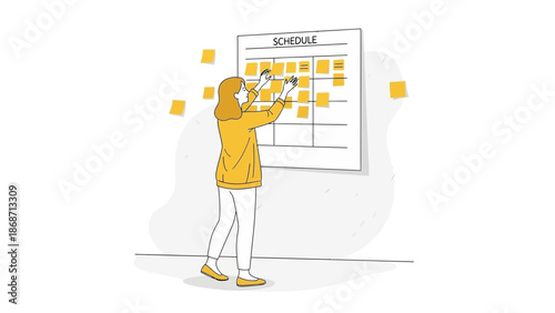 Woman planning schedule with sticky notes on a board, task management concept
