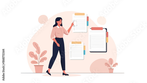 Woman Planning Tasks on Clipboard Boards, Business Organization Concept