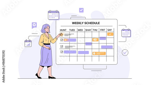 Woman planning weekly schedule on a large calendar board, time management concept