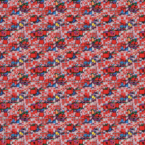 Retro pixel art pattern background with repeating arcade-style shapes, perfect for game design and digital wallpaper.