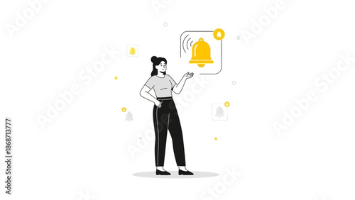 Woman receiving notification alert, ringing bell icon, abstract modern illustration