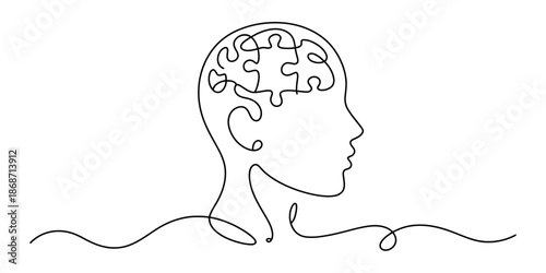Continuous single line art illustration of human head profile with puzzle pieces representing intelligence Vector, illustration