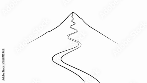 Winding mountain trail depicted as simple line drawing ascending to peak. Ascent along winding mountain trail shows path to summit, journey symbol.