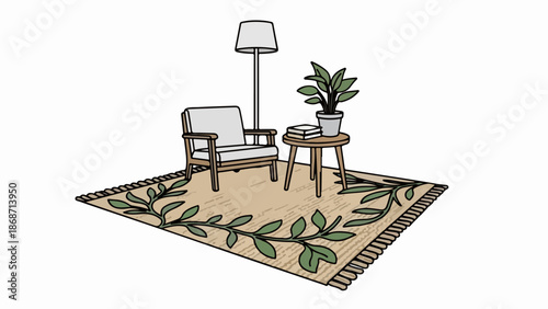 Flat illustration depicts cozy living room corner, comfortable armchair. Flat illustration features side table, book, plant, floor lamp on patterned rug. Concept flat illustration for interior design,