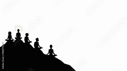 Silhouettes of figures surveying land from elevated position, group observing horizon line. Conceptual artwork with figures surveying land for strategic planning, business development,