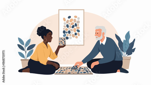 Modern flat style illustration shows two people engaged in board game activity, seated comfortably on floor at home. This flat style illustration features multiethnic individuals,