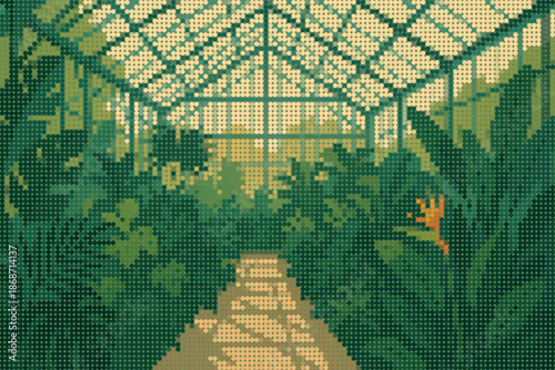 Large Glass Greenhouse with Tropical Plants and Sunlight Patterns Halftone Illustration