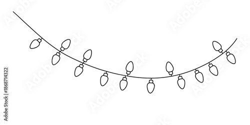 A simple black and white line art illustration of christmas lights strung in a gentle curve Vector, illustration