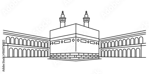 A simple line art drawing of the holy kaaba and grand mosque in mecca Vector, illustration