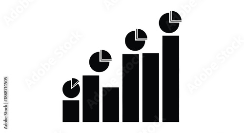 A series of increasing bar graphs and pie charts depicted as a stark black silhouette