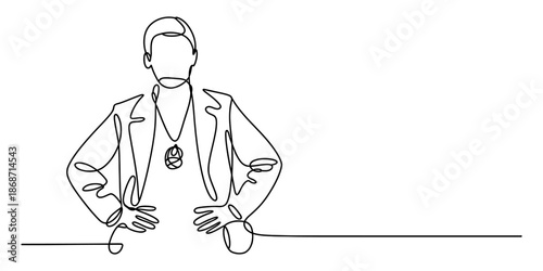 A confident professional person standing with hands on hips in continuous line art style Vector, illustration