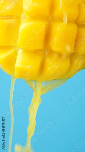 Slow motion macro of fresh mango juice flow on fresh fruit pulp