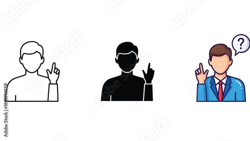Set of three male icons illustrating the concept of having an idea or asking a question with one finger raised in different visual styles