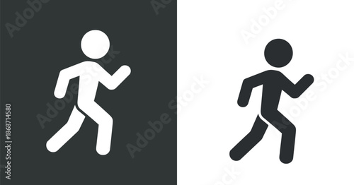 a simple black and white illustration depicts two stylized human figures running in opposite directions showcasing duality and contrast