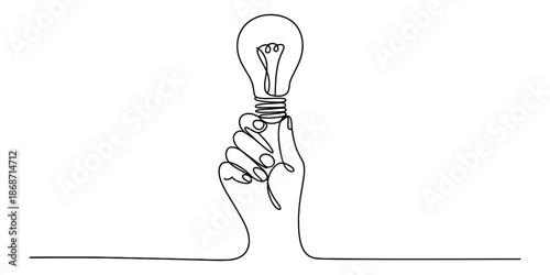A continuous line drawing of a hand holding a light bulb symbolizing an idea Vector, illustration