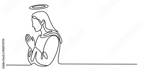 Continuous single line art drawing of a person praying with a halo, symbolizing spirituality and faith Vector, illustration