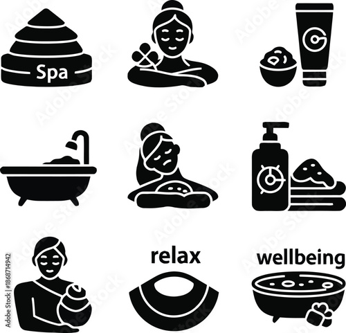 Spa and Wellbeing Icons Featuring Relaxation and Beauty Treatments