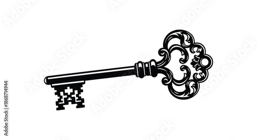 An ornate antique key design with detailed flourishes and a classic shape silhouette