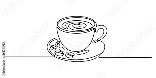 A continuous line drawing of a hot coffee cup on a saucer with coffee beans Vector, illustration