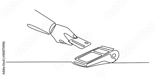 Continuous line drawing of hand holding credit card over pos machine Vector, illustration