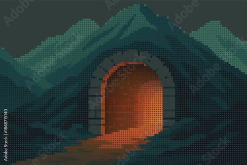 Old Stone Tunnel Entrance with Glowing Light Inside Halftone Graphic Illustration