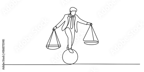 Man in suit balancing weights on a ball Vector, illustration