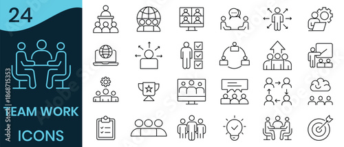 Teamwork icon set. Teamwork, management, business, collaboration, partnership, team people,  success line icon and more. Vector illustration. 