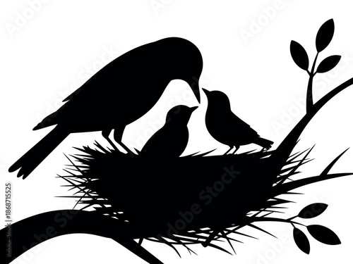 Mother Bird Feeding Baby Birds in Nest on Tree Branch Silhouette Illustration