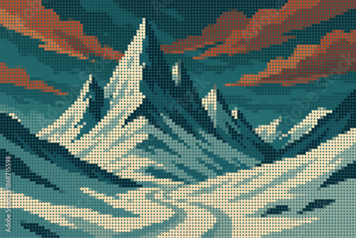 Sharp Mountain Peaks with Snow Layers and Winding Path Halftone Illustration