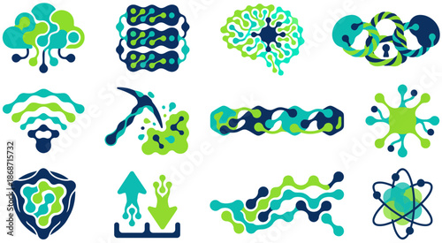 Organic bio-digital tech icons with cloud storage, server rack, artificial intelligence brain, and secure data link.